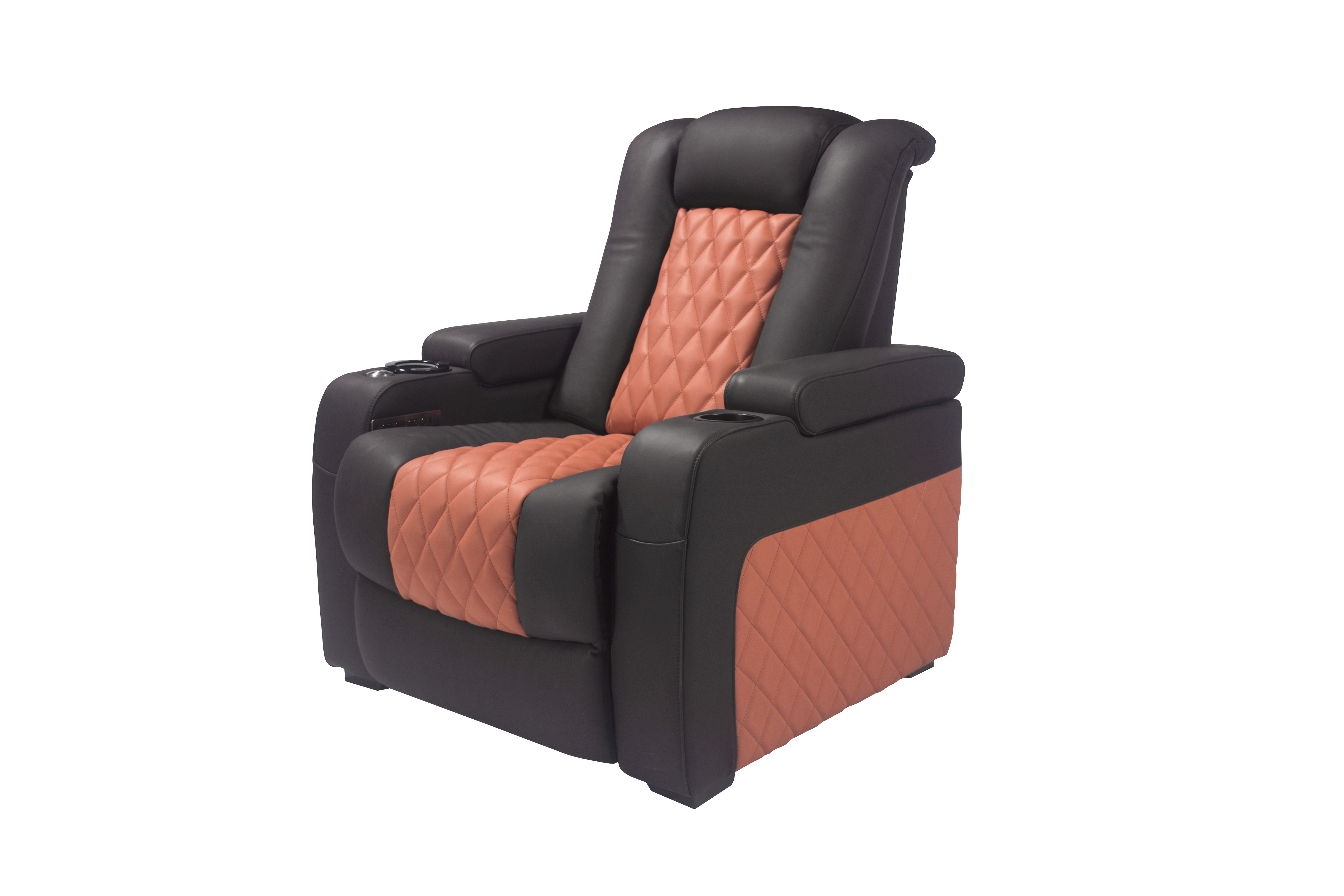 Black and brown recliner chair on a white background