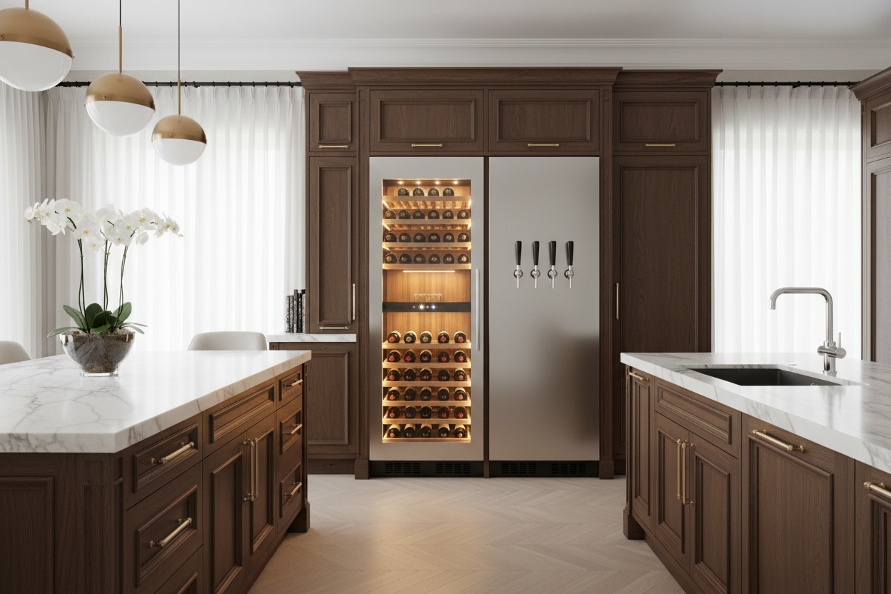 generate an image of a kitchne of an elegnat home with a wine cooler and a kegerator as the clear focus
