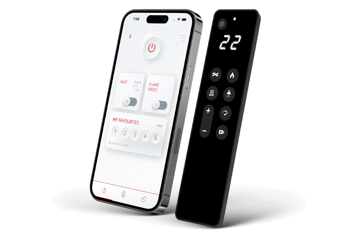 Smartphone displaying a remote control app interface next to a physical remote control on a white background