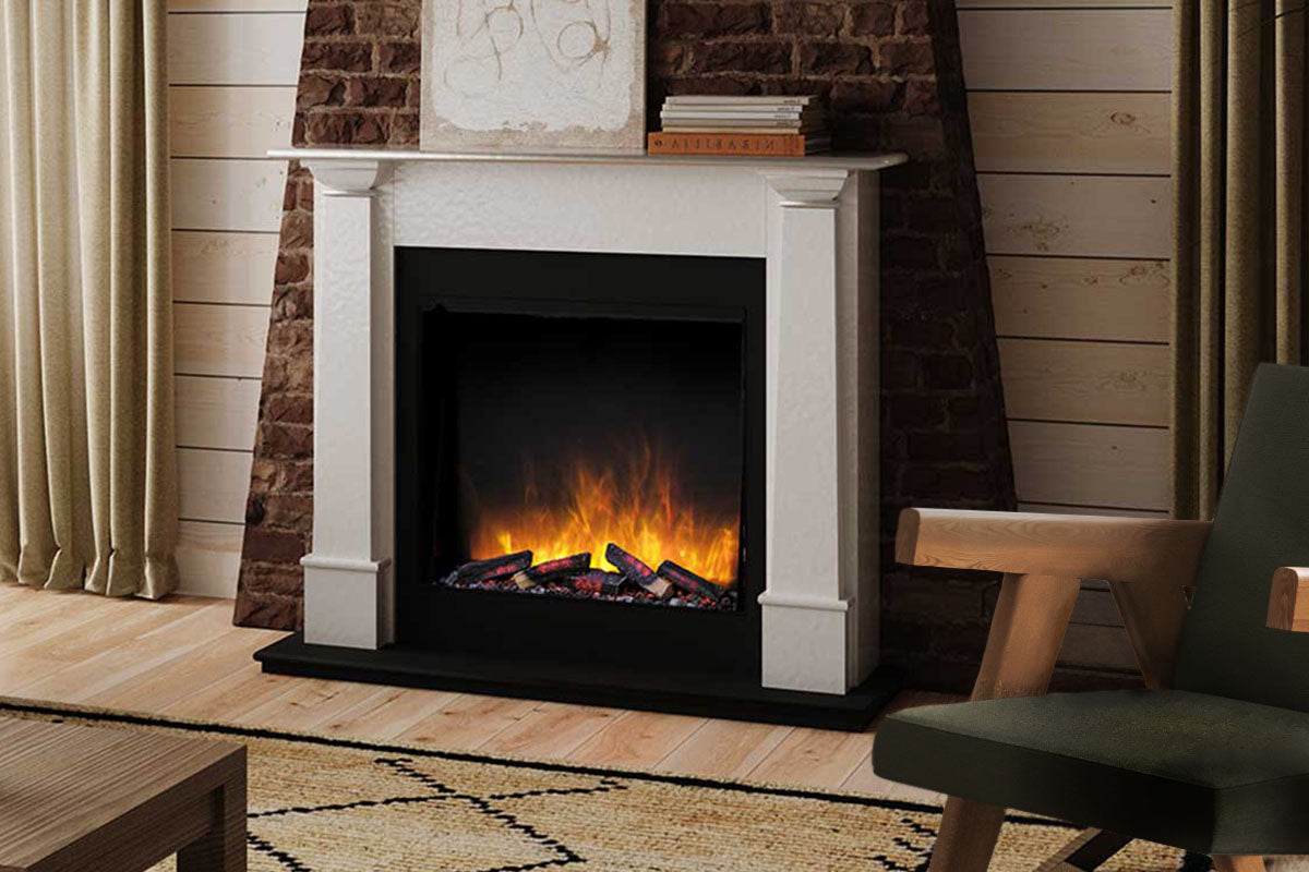 Electric fireplace with flames in a living room setting