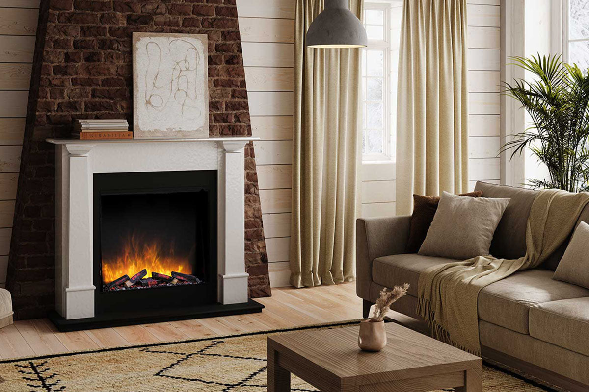 Living room with a fireplace, sofa, and coffee table.
