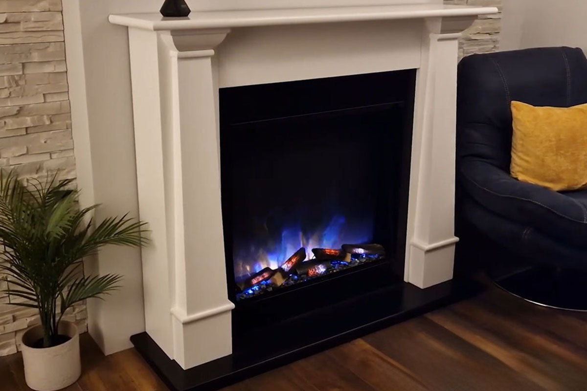 Electric fireplace with decorative elements in a room setting